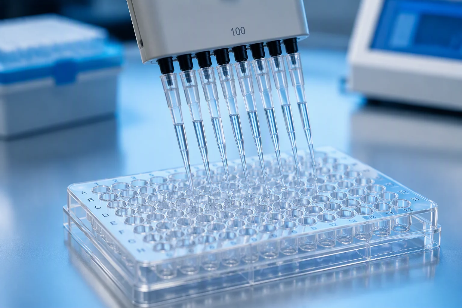 Laboratory biotech pipettes and microplates