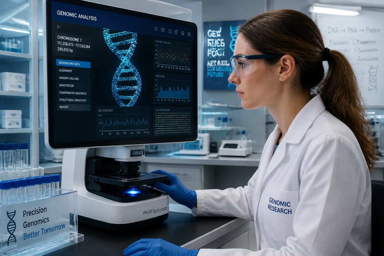 Scientist analyzing genomic sequences in laboratory